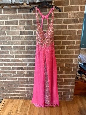 Hot Pink Beaded V-Neck Evening Gown/Prom